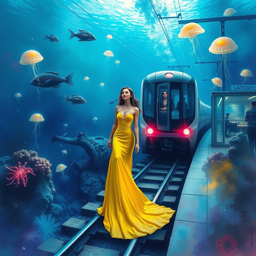 Futuristic Underwater Train Station in Watercolor Style