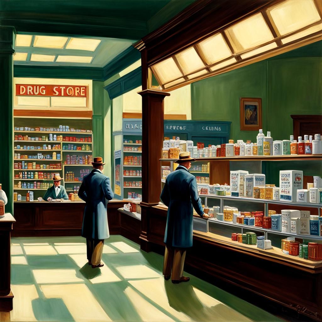 Drug Store Painting in Edward Hopper Style