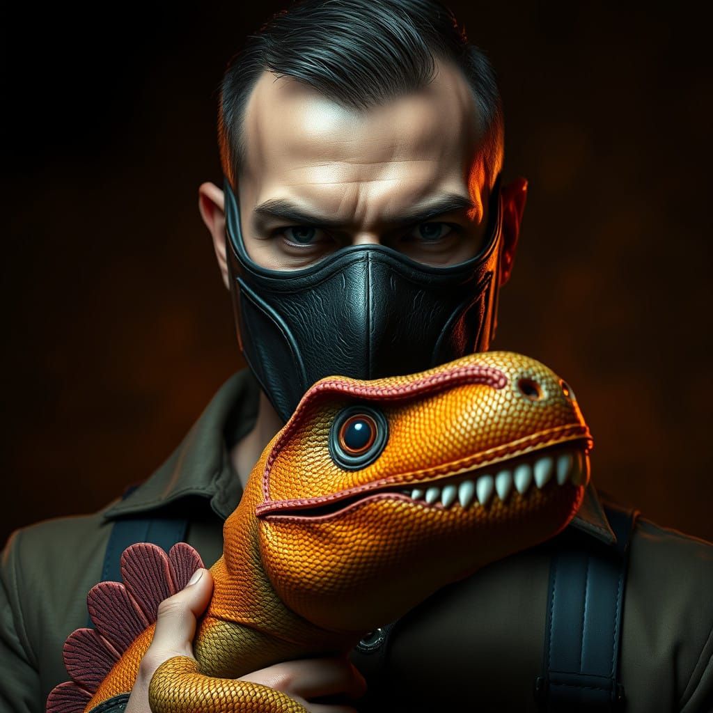 Brooding Figure with Dinosaur Plushie in Moody Atmosphere