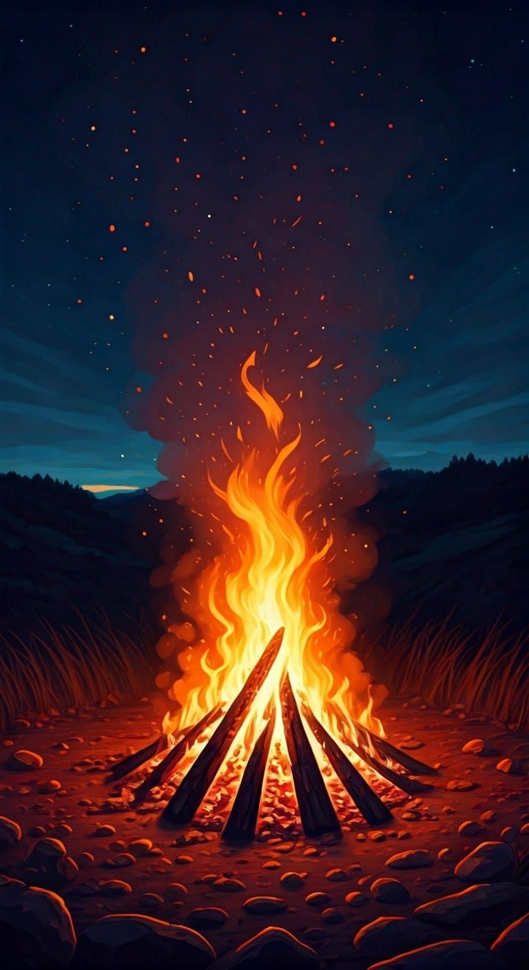 Campfire Radiance in a Starry Night Sky