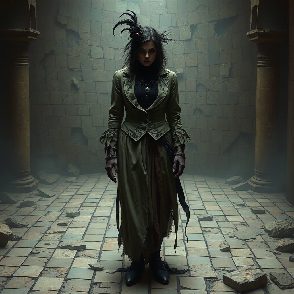 Gothic Horror Figure Amidst Roman Mosaic