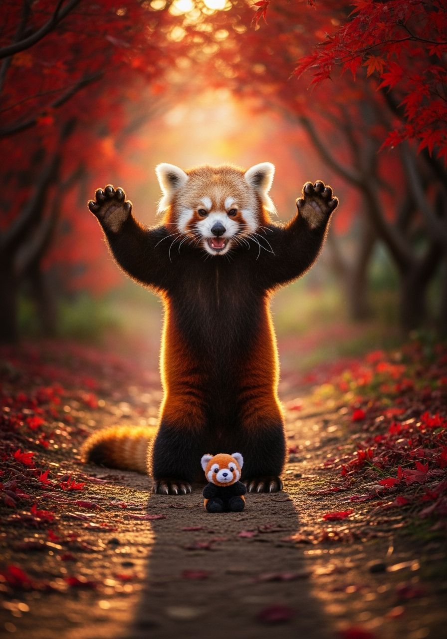 Aggressive Red Panda Confronts Plush Toy in Autumn Forest
