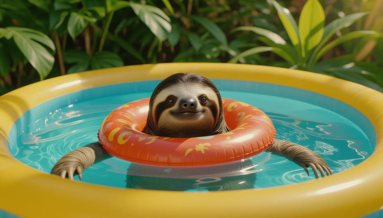 Cinematic Sloth Lounging in a Kiddy Pool