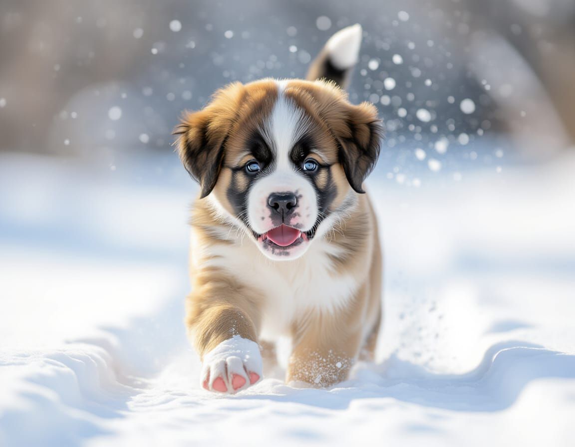 St. Bernard Puppy Romping in Snow - Professional Photography