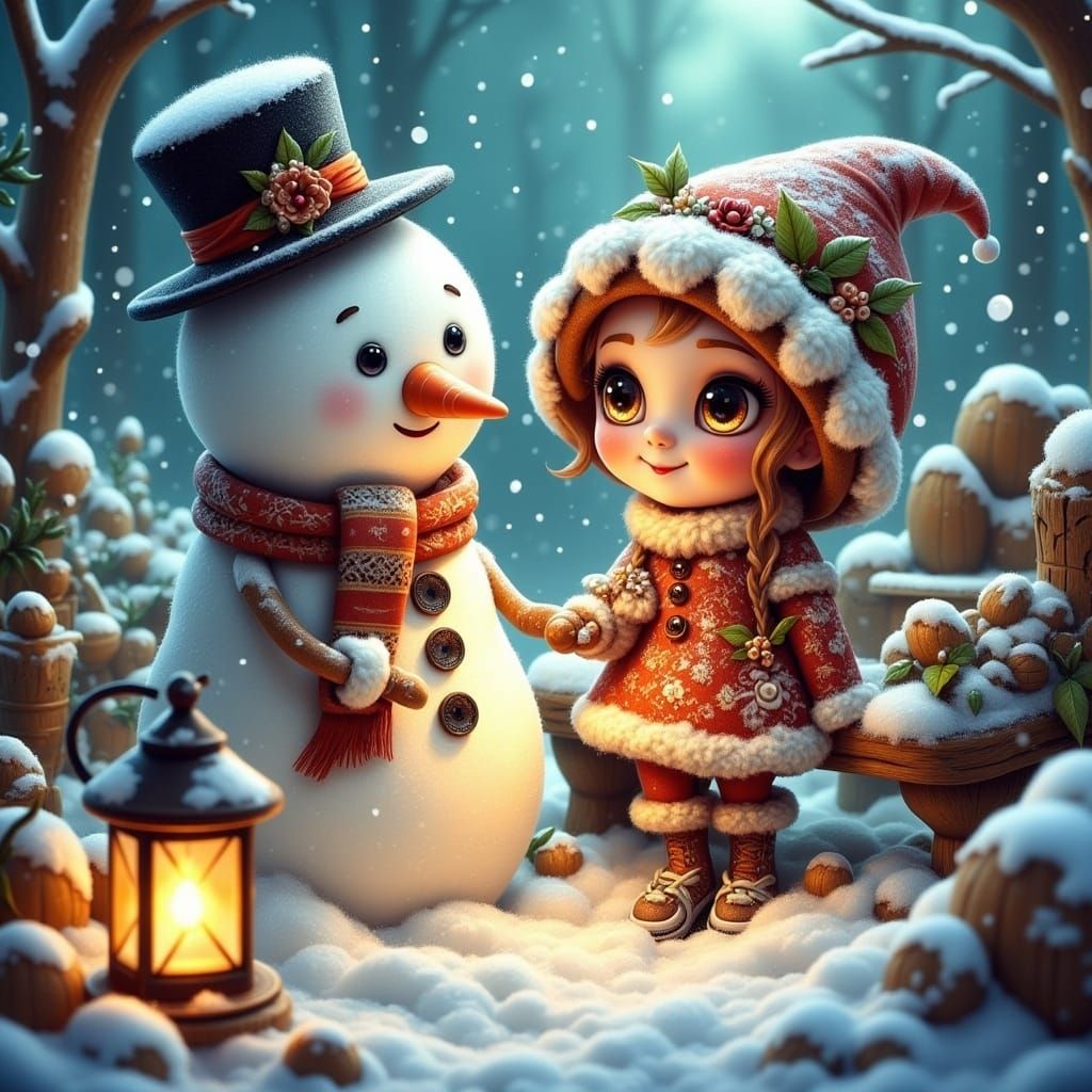 Snowman and Gingerbread Woman in Winter Wonderland