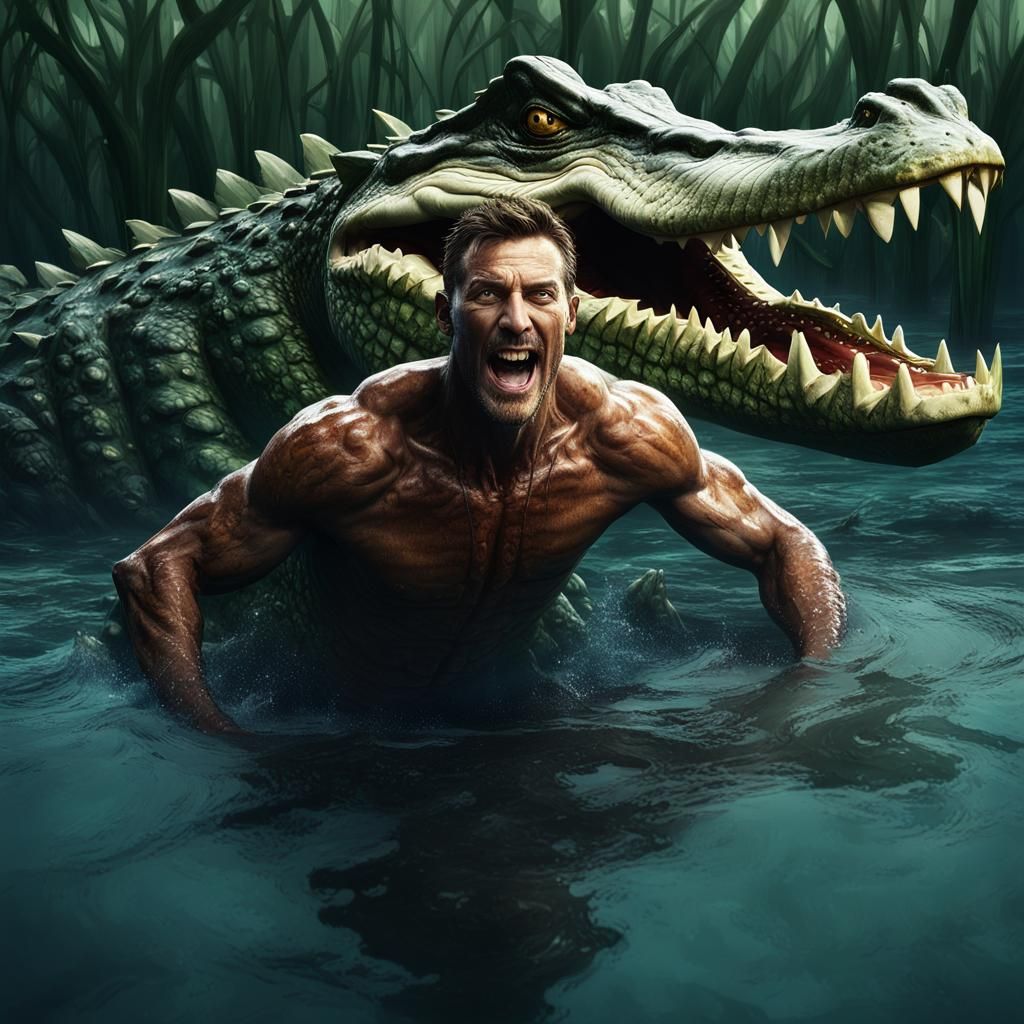 Swimmer's Peril: Crocodile Attack in the Swamp