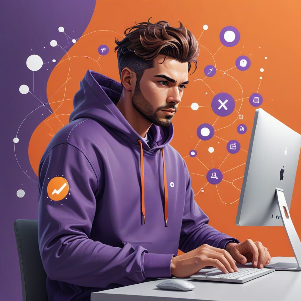 Cartoon Man Coding with Purple Hoodie, Vector Art