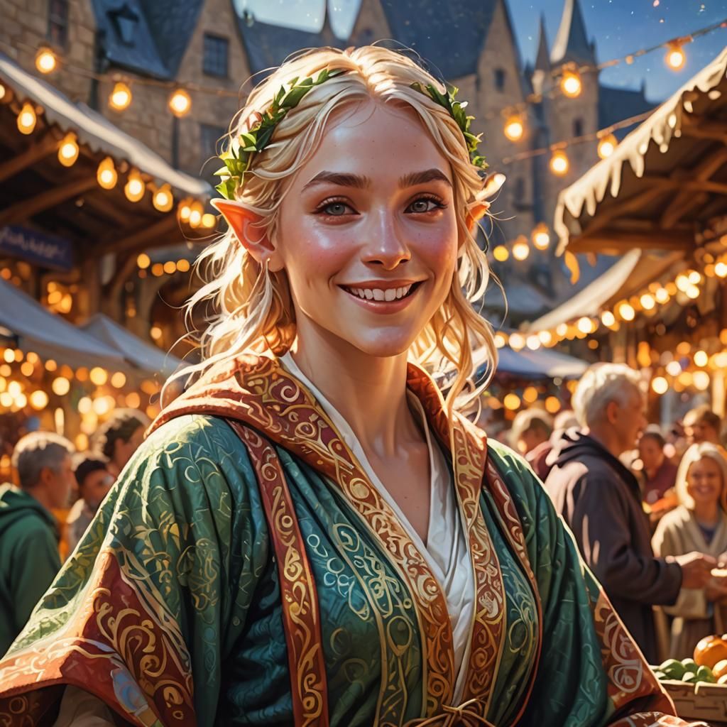 Enchanting Elf Magician in Outdoor Market, Fantasy Art
