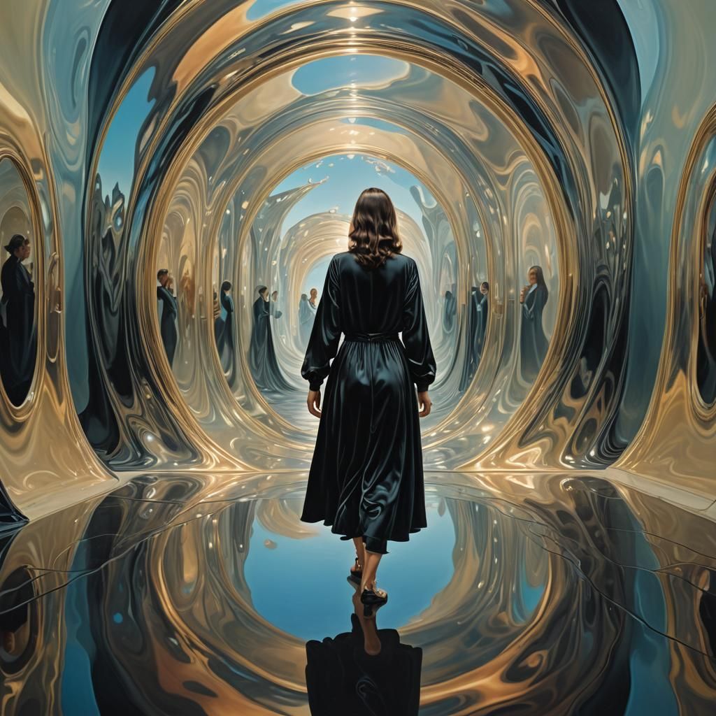 Woman Steps Through Mirror Portal in Surreal Art