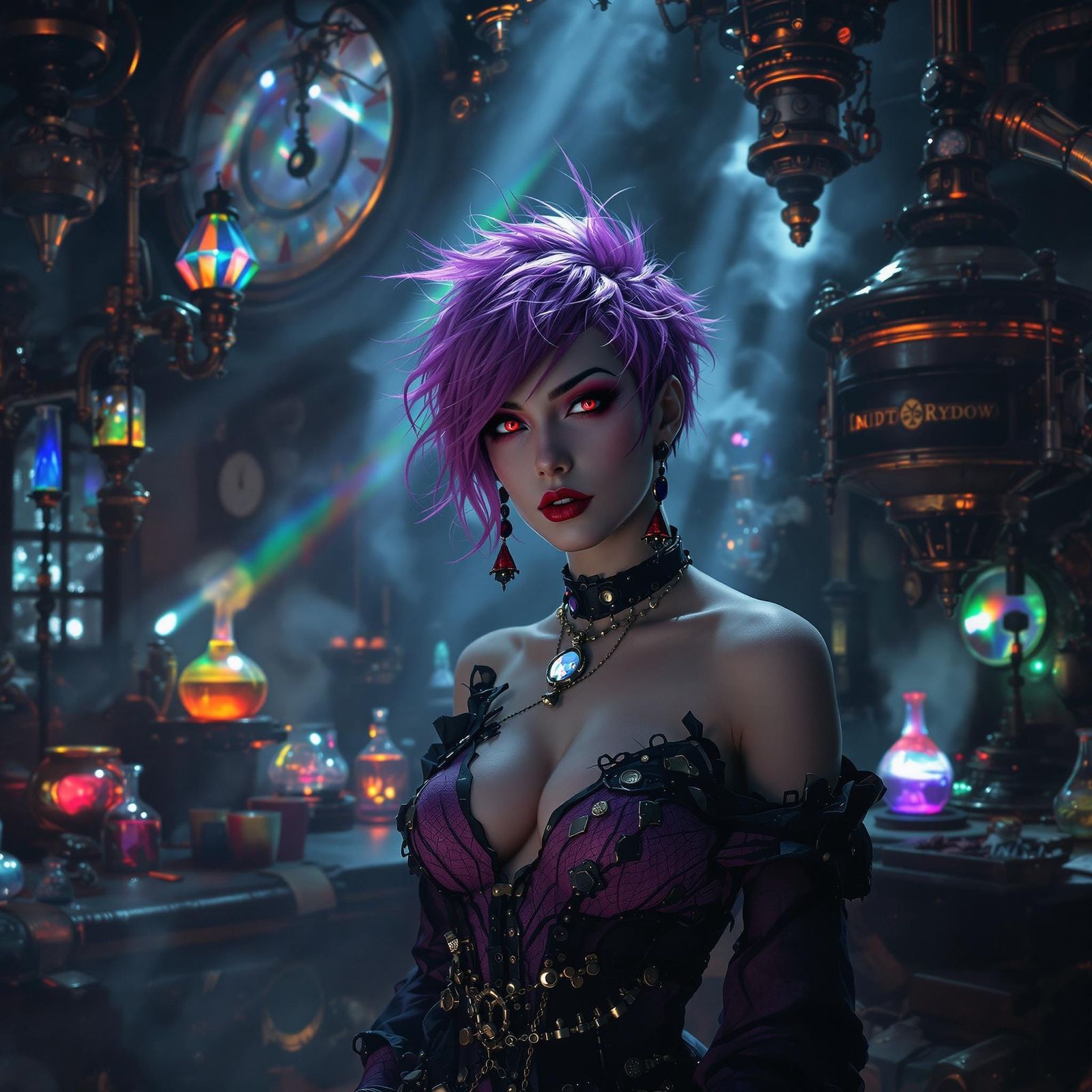 Dieselpunk Sorceress in Steam-Filled Laboratory