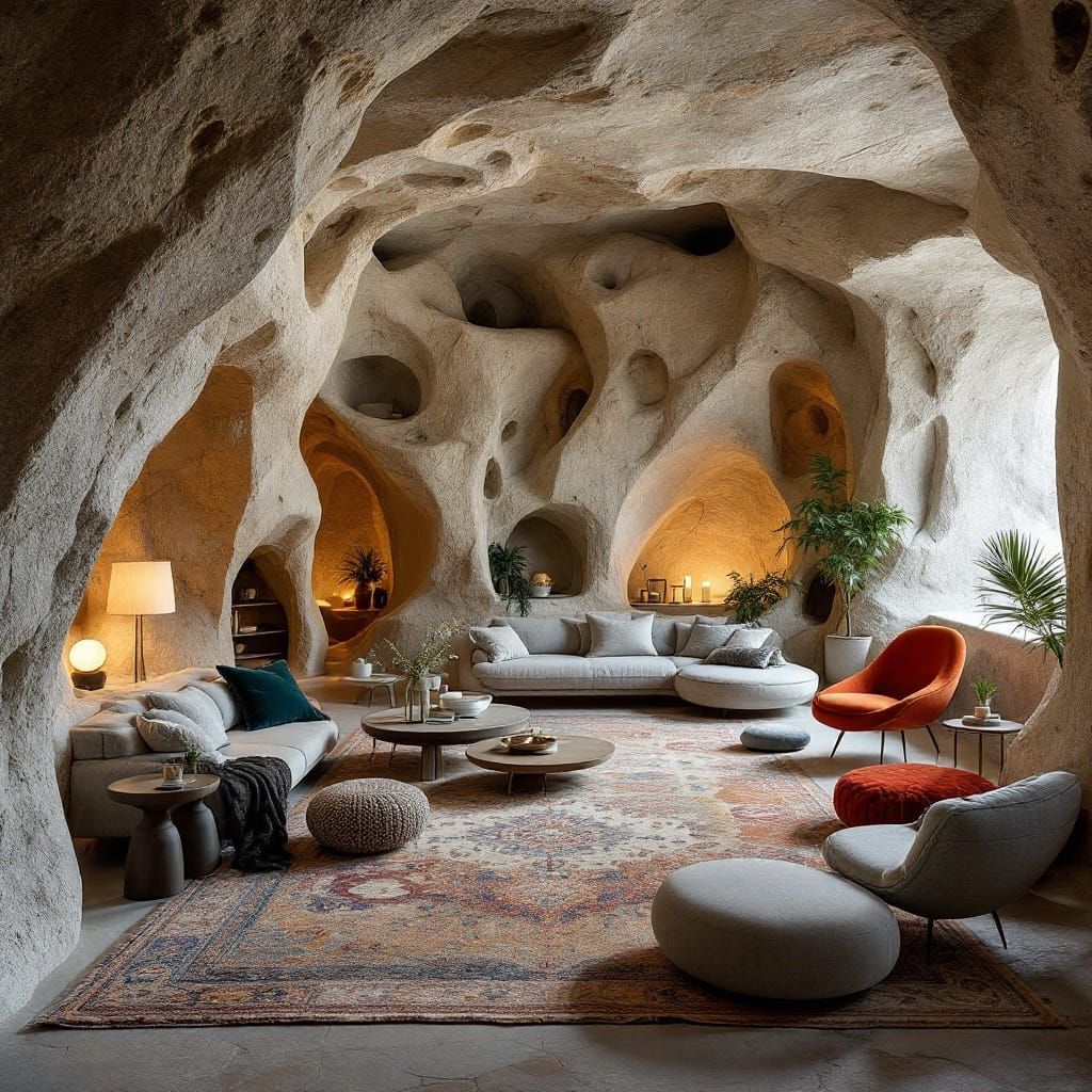 Stone Cave Dwelling with Modern Furniture in Surreal Style