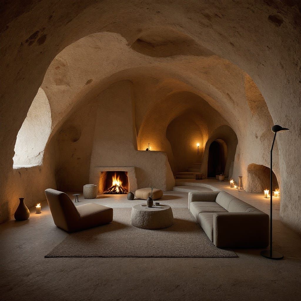 Rustic Cave Dwelling with Modern Furniture