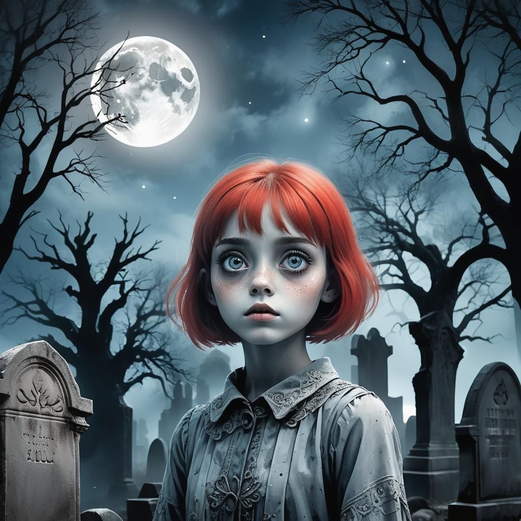 Ethereal Portrait in Graveyard, Mixed Media Illustration