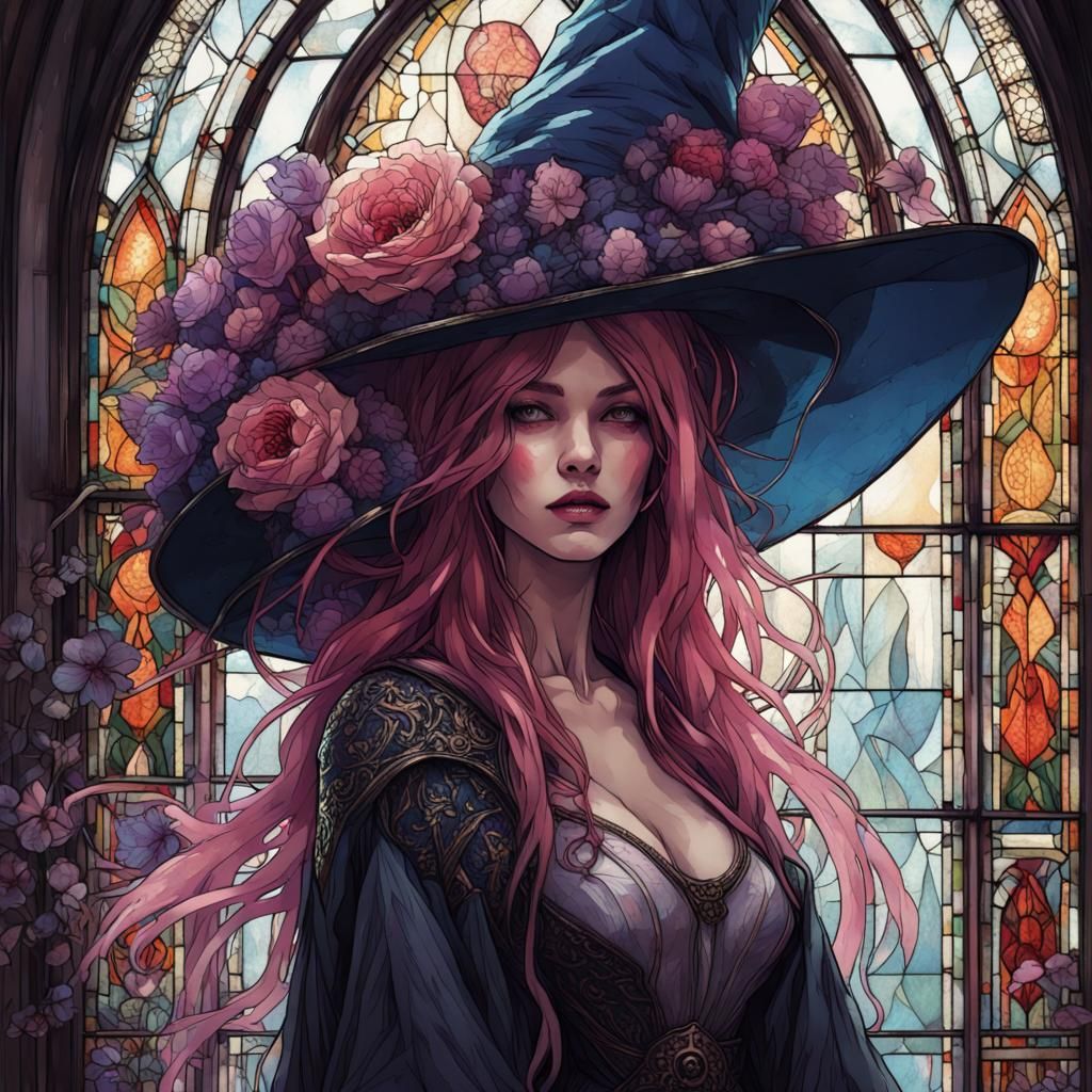 Gothic Faery Witch in Stained Glass Library