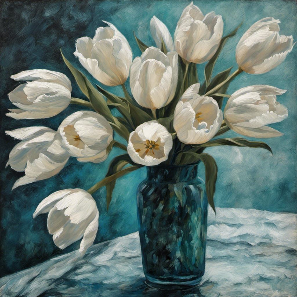 White Feathered Tulips in Frosty Etched Glass Vase Translucent Half Filled with Icy Blue Water, black cloudy dark teal r...