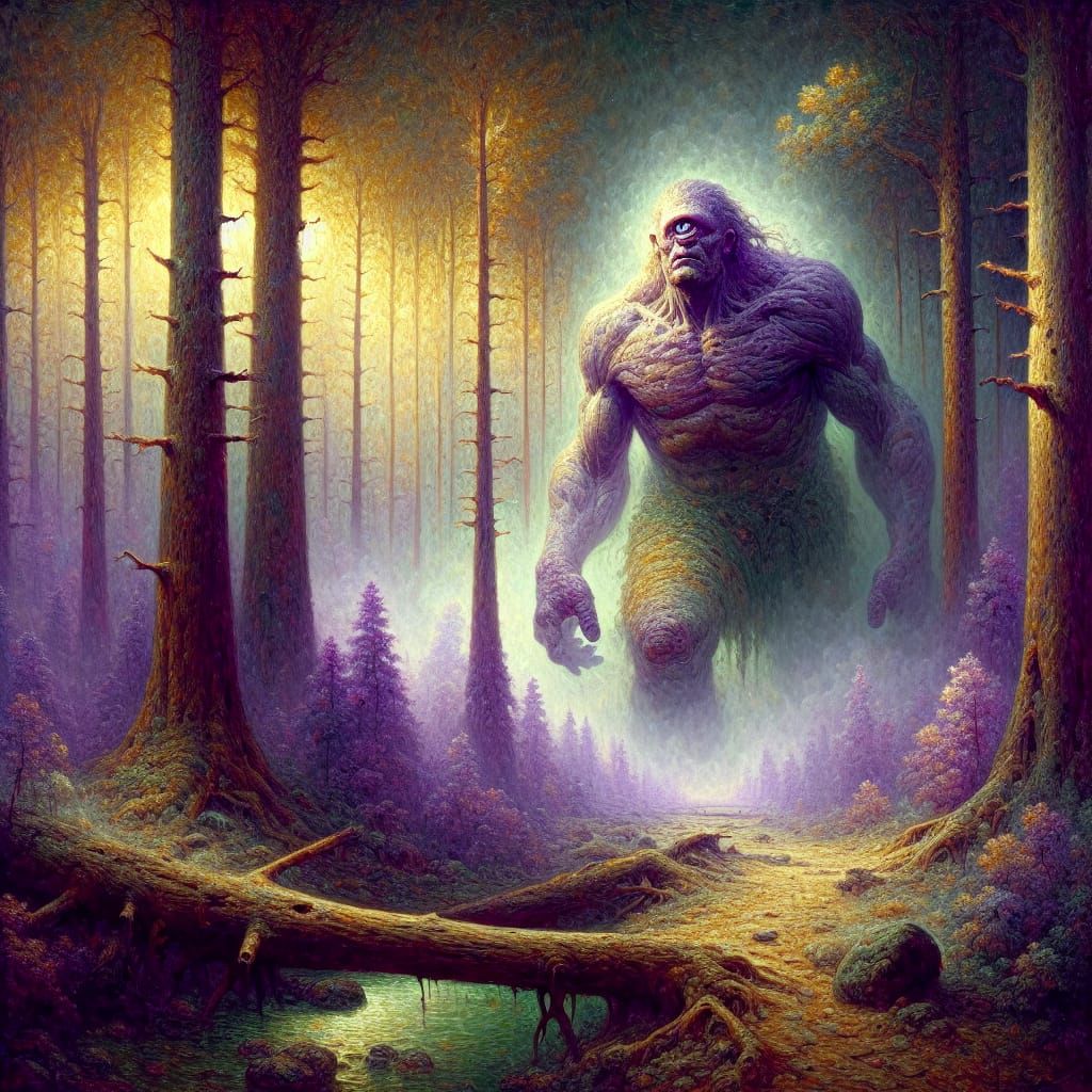 Impressionist Cyclops in a Haunting Forest Landscape