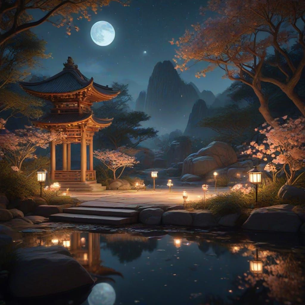 Moonlit Zen Garden with Lanterns in Art Nouveau Style