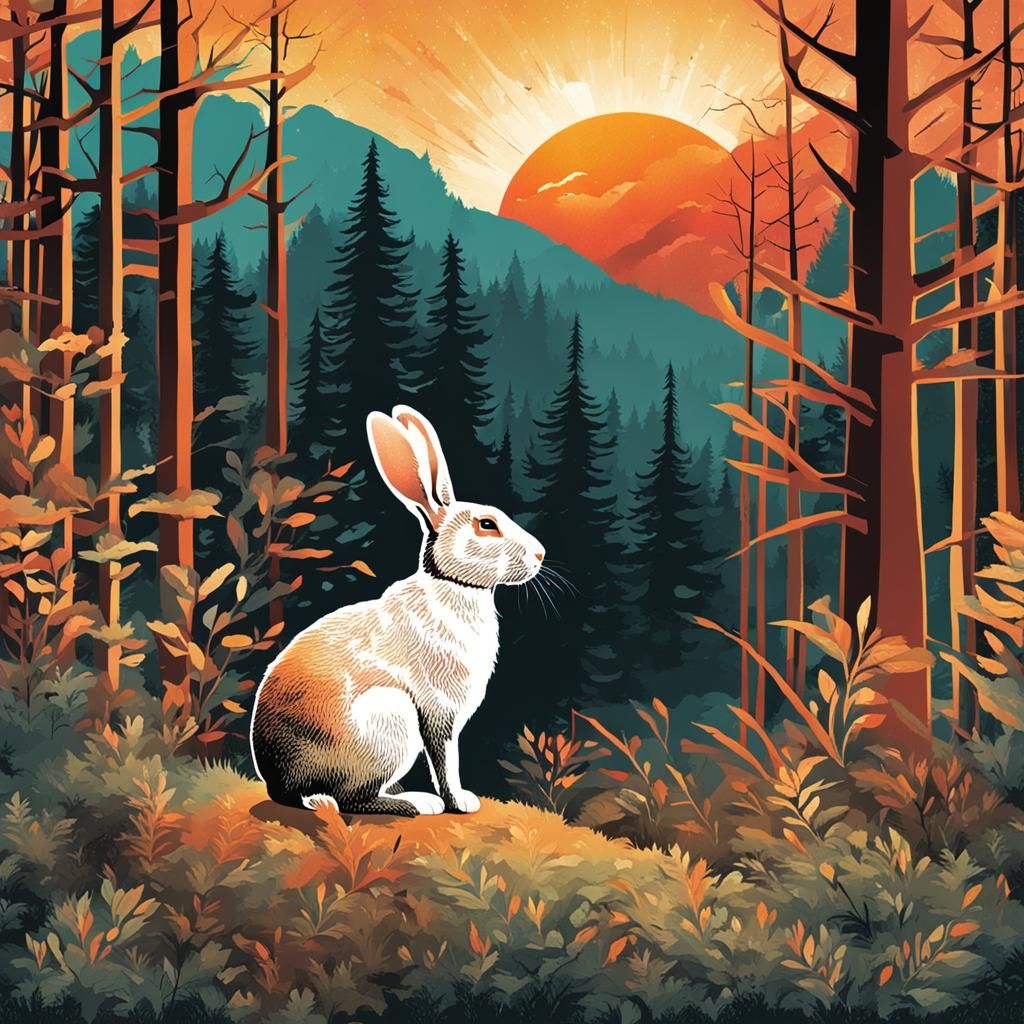 Rabbit in Forest at Sunrise as Atmospheric Painting