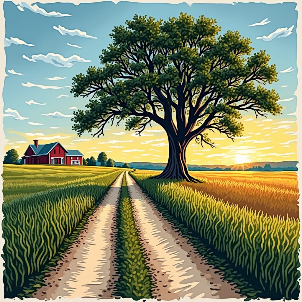 Linocut Print of Farmhouse at Sunset