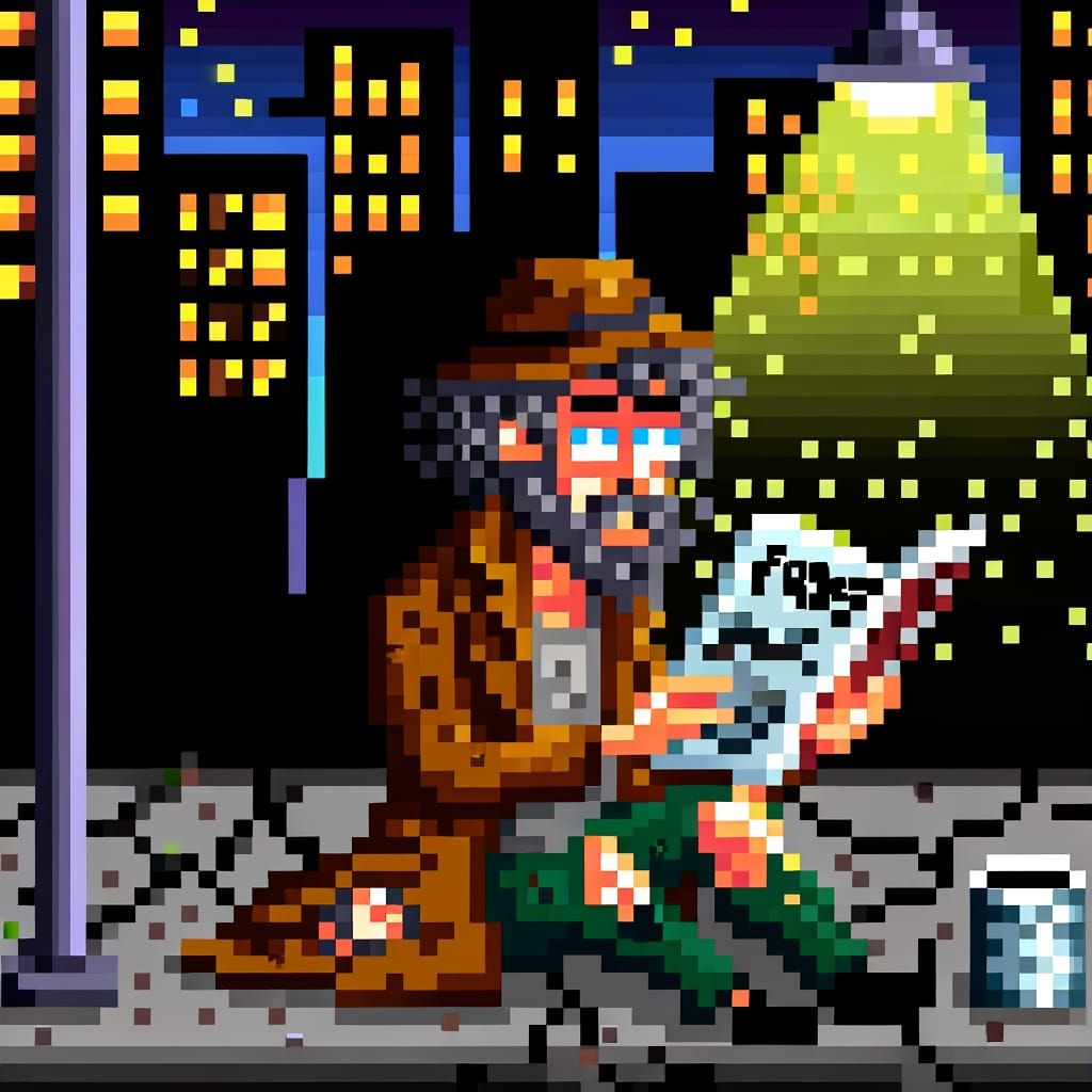 Pixel Art Hobo Reading Forbes Magazine