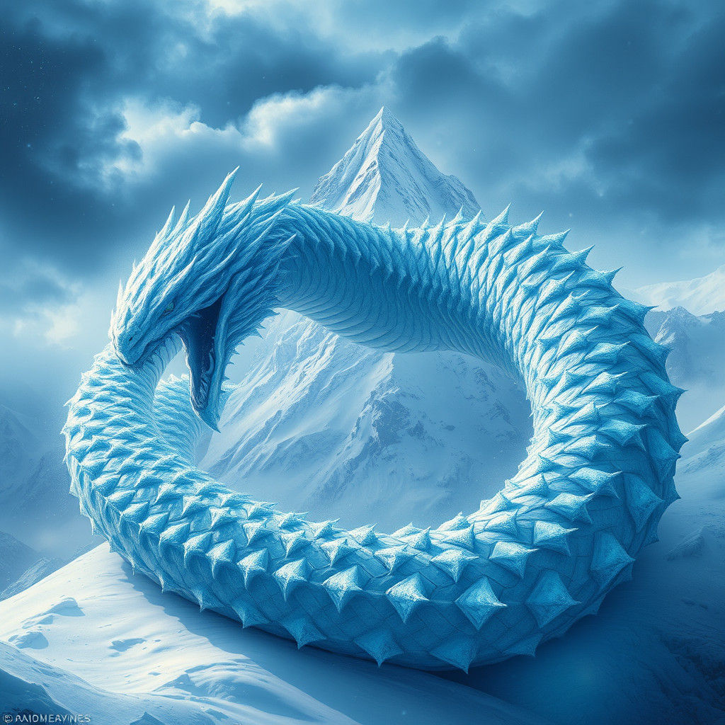 Crystalline Snow Serpent Dominating Mountain, Digital Art