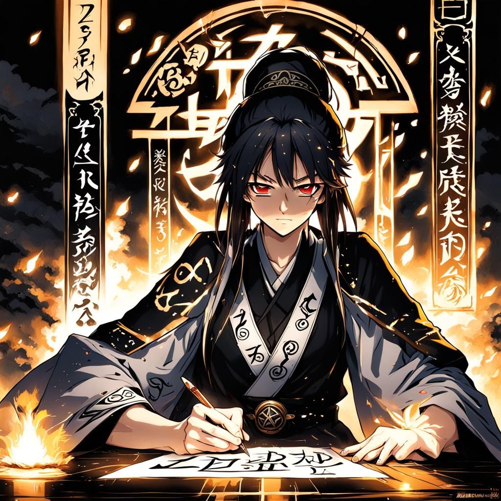 Girl Writes Glowing Runes: Anime Style
