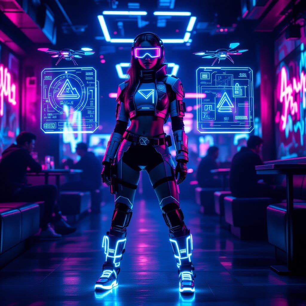 Cyberpunk Girl in Holographic Neon Club