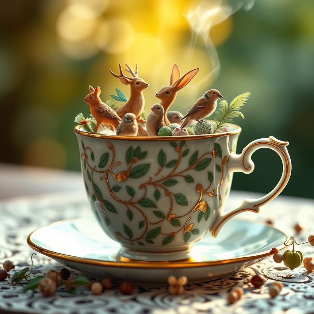 Enchanted Forest Teacup: Photorealistic Wildlife Scene
