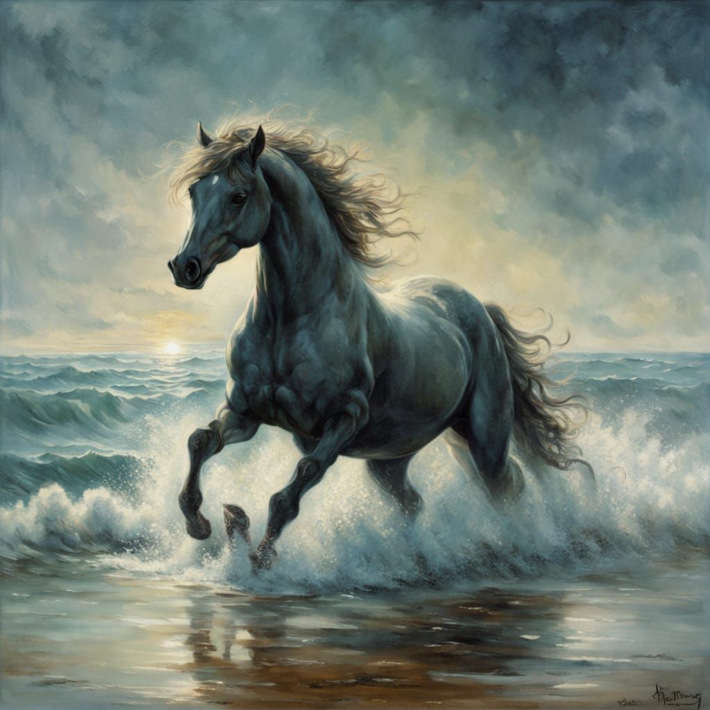 Ethereal Water Horse Emerge from Ocean Depths in Dreamy Wate...