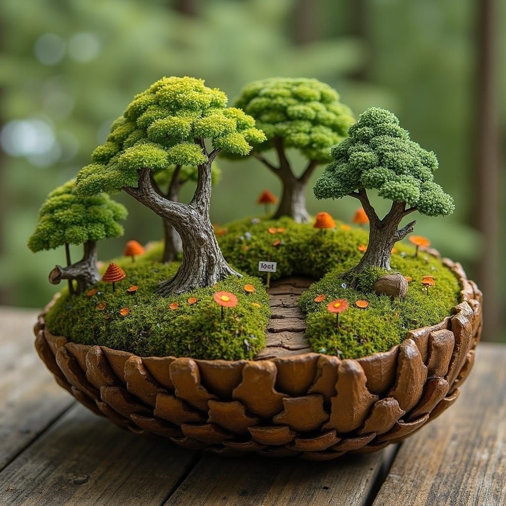 Miniature Forest on Worn Pine Cone in Dreamlike Whimsy