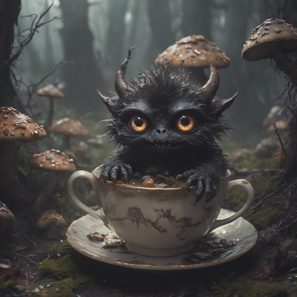 Whimsical Shadow Beast in Cracked Teacup