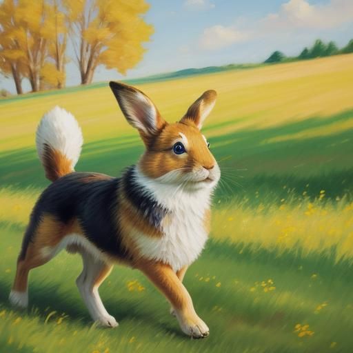 Dog Chasing Rabbit in Sunny Meadow: Impressionist Painting