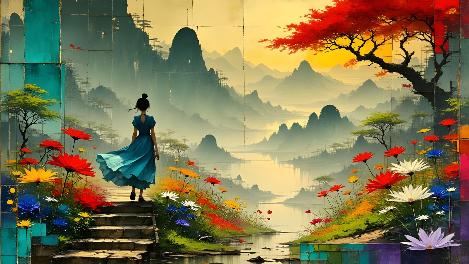 Lady in a Whimsical Floral Garden