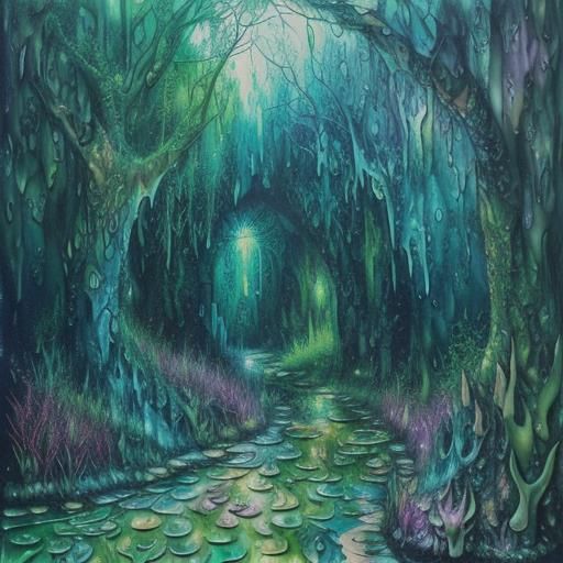 Psychedelic Fairy Sanctuary in Wet-on-Wet Encaustic Style