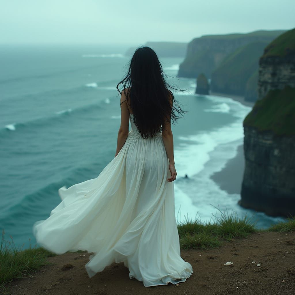 Woman on Windswept Cliff Overlooking Stormy Sea