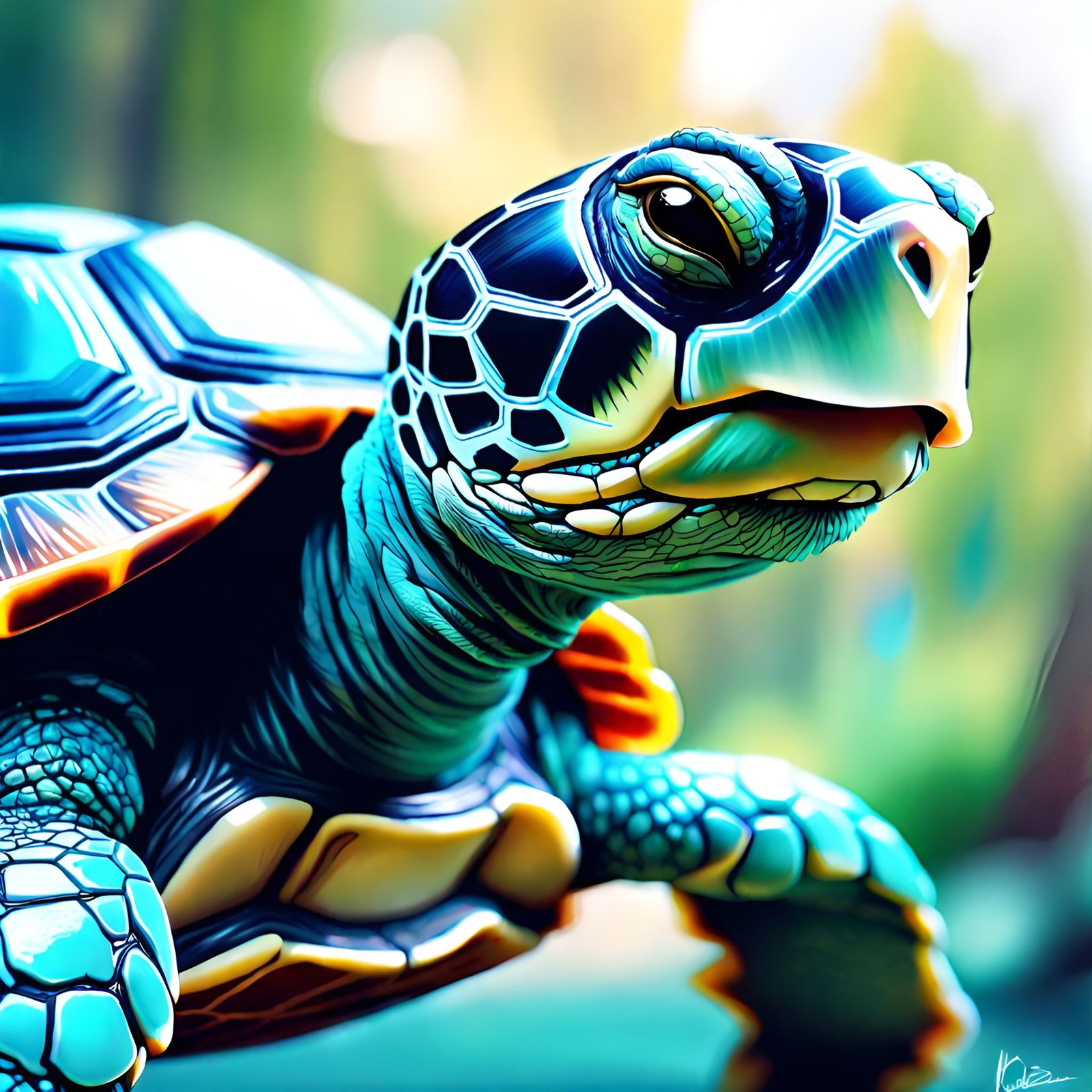 Turquoise Turtle Portrait in Digital Art Style