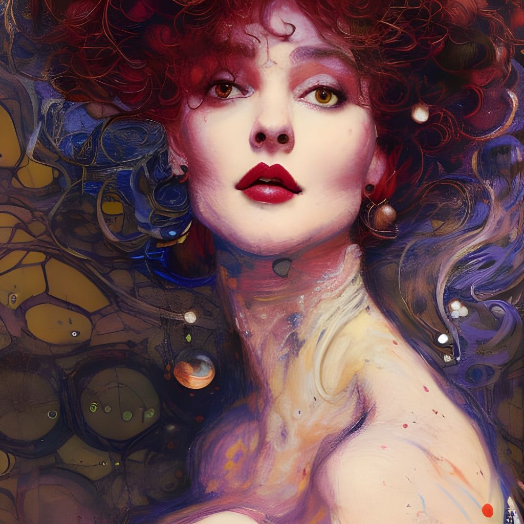 Detailed Portrait of a Curly-Haired Woman, Art Nouveau Style