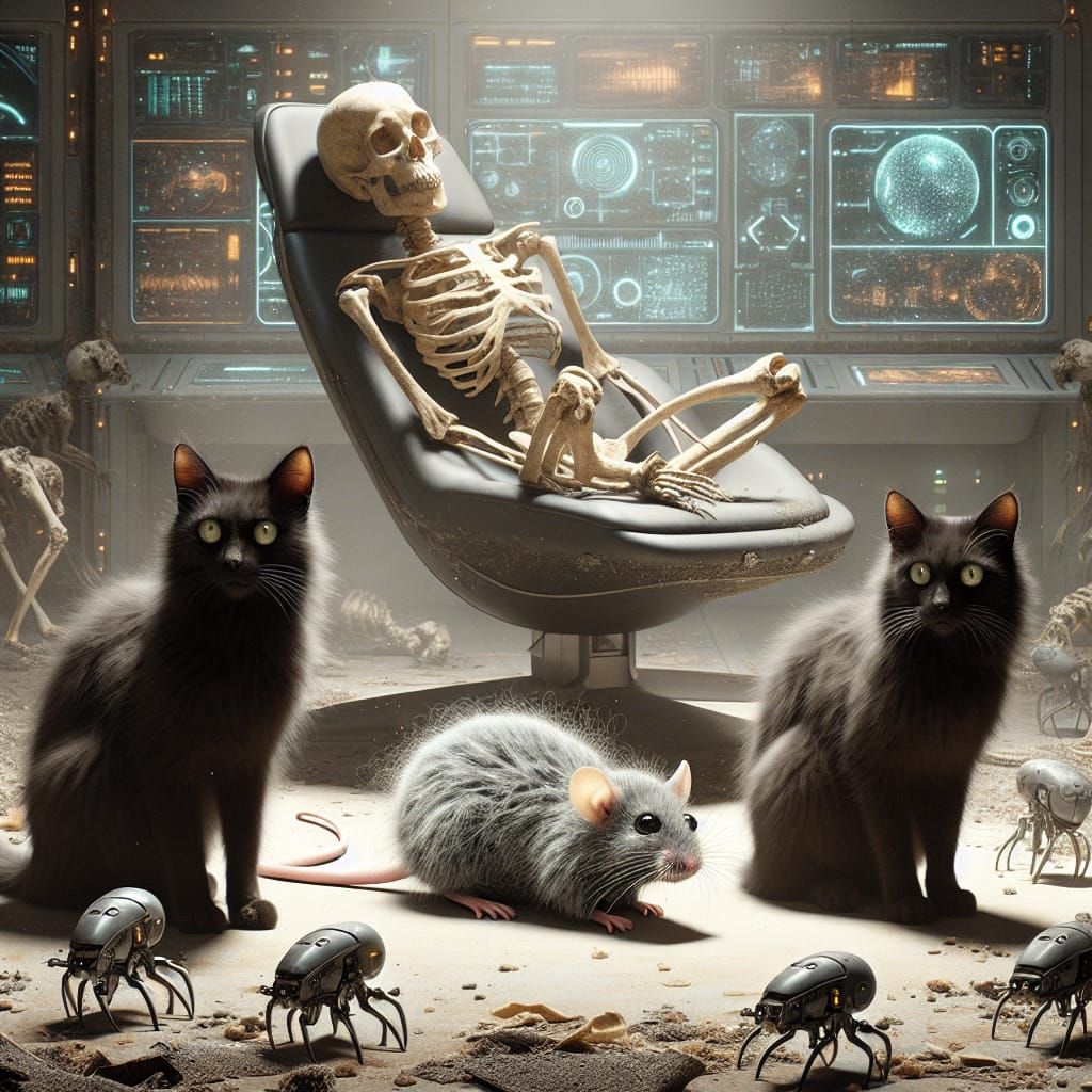 Futuristic Abandoned Control Center with Black Cats and Uniq...