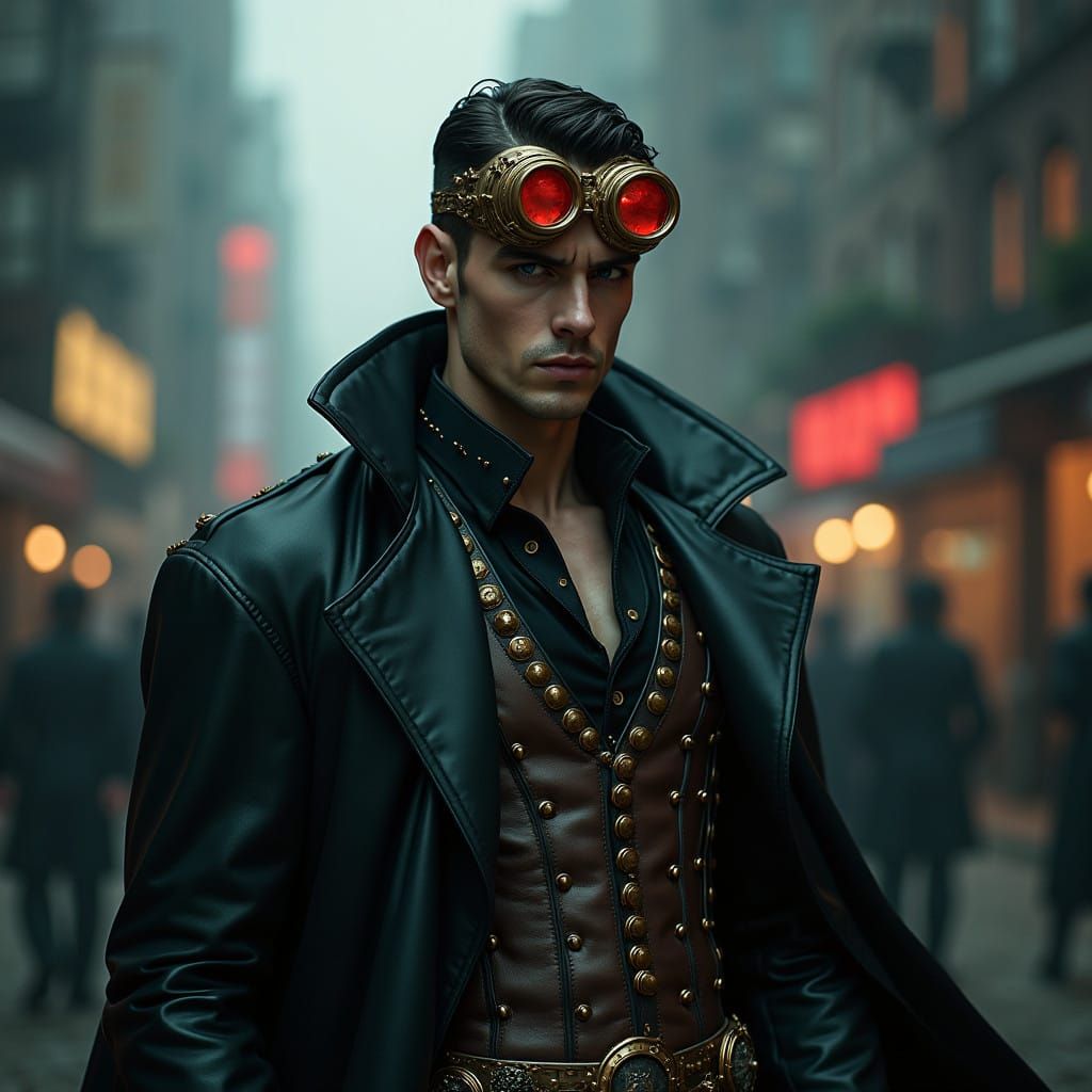 Steampunk Vampire in Cyberpunk Metropolis