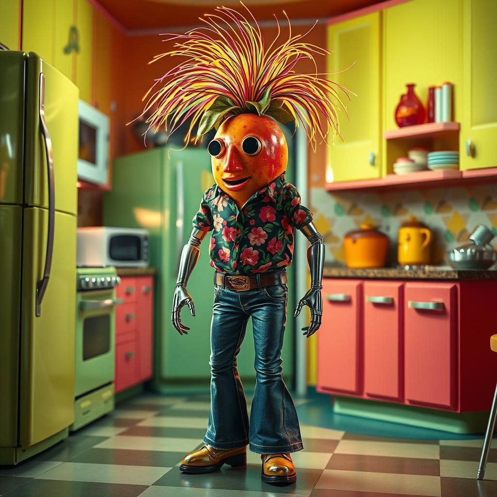 Biopunk Fruit in Retro 70s Sitcom Scene