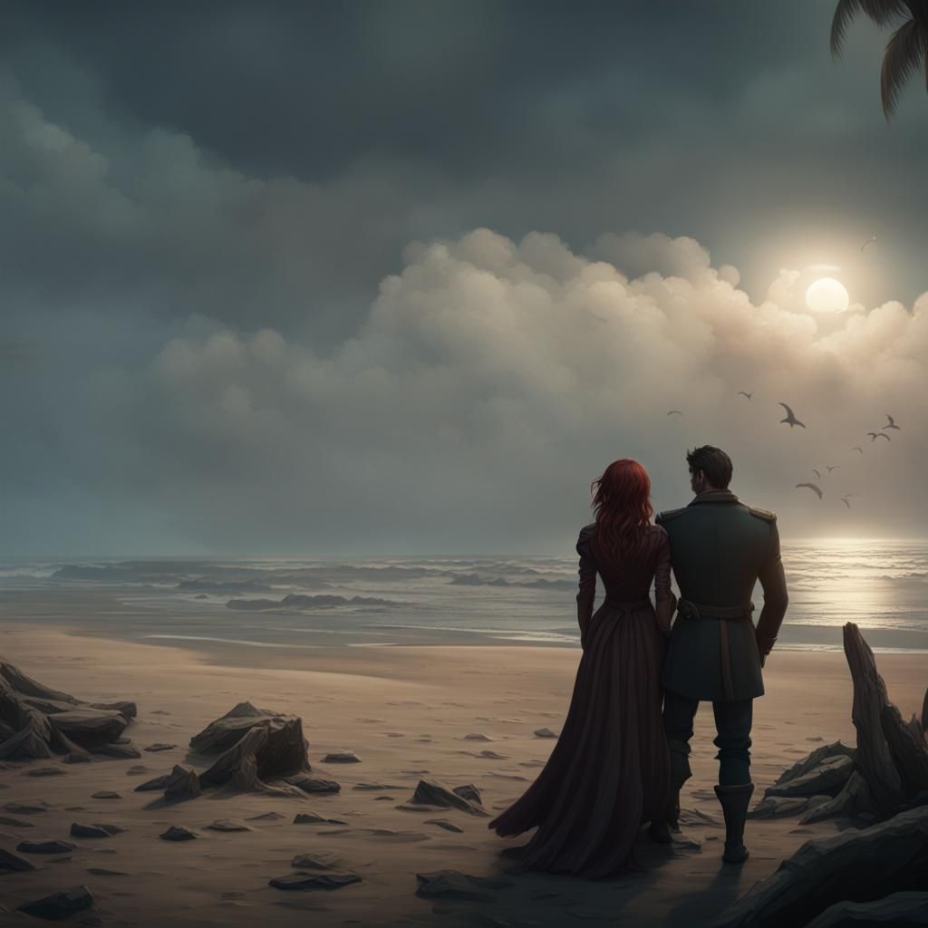 Couple on Beach, Detailed Fantasy Art