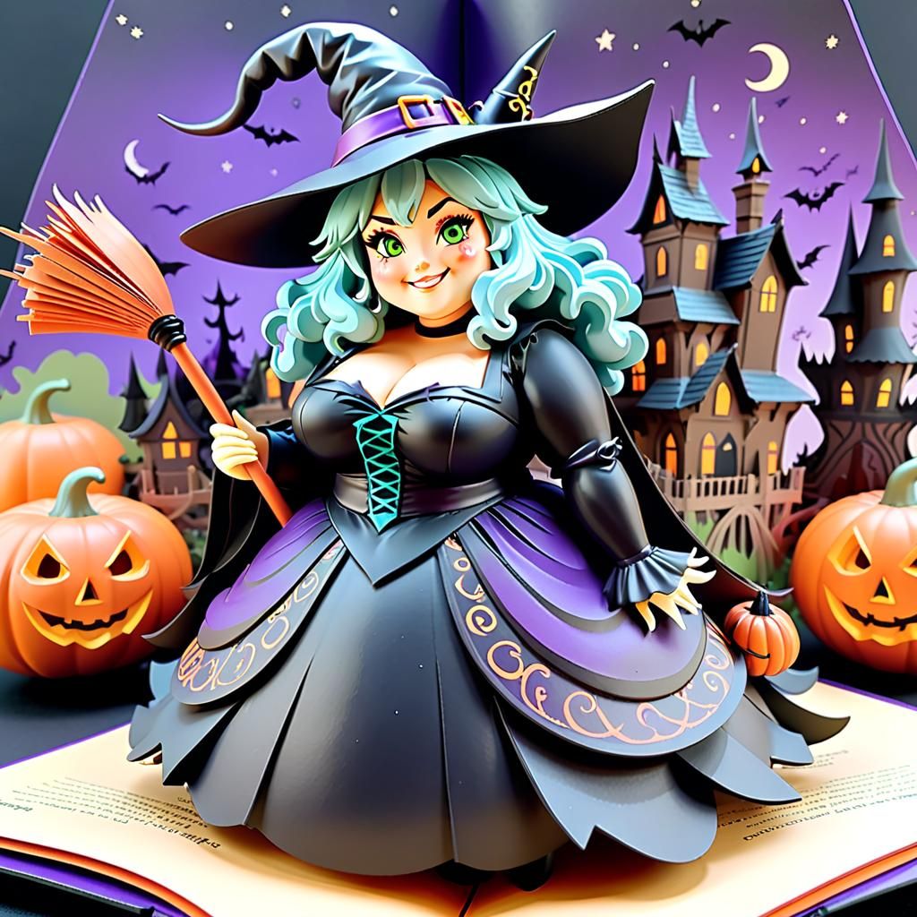 Charming Witch in Elaborate Pop-Up Book Illustration