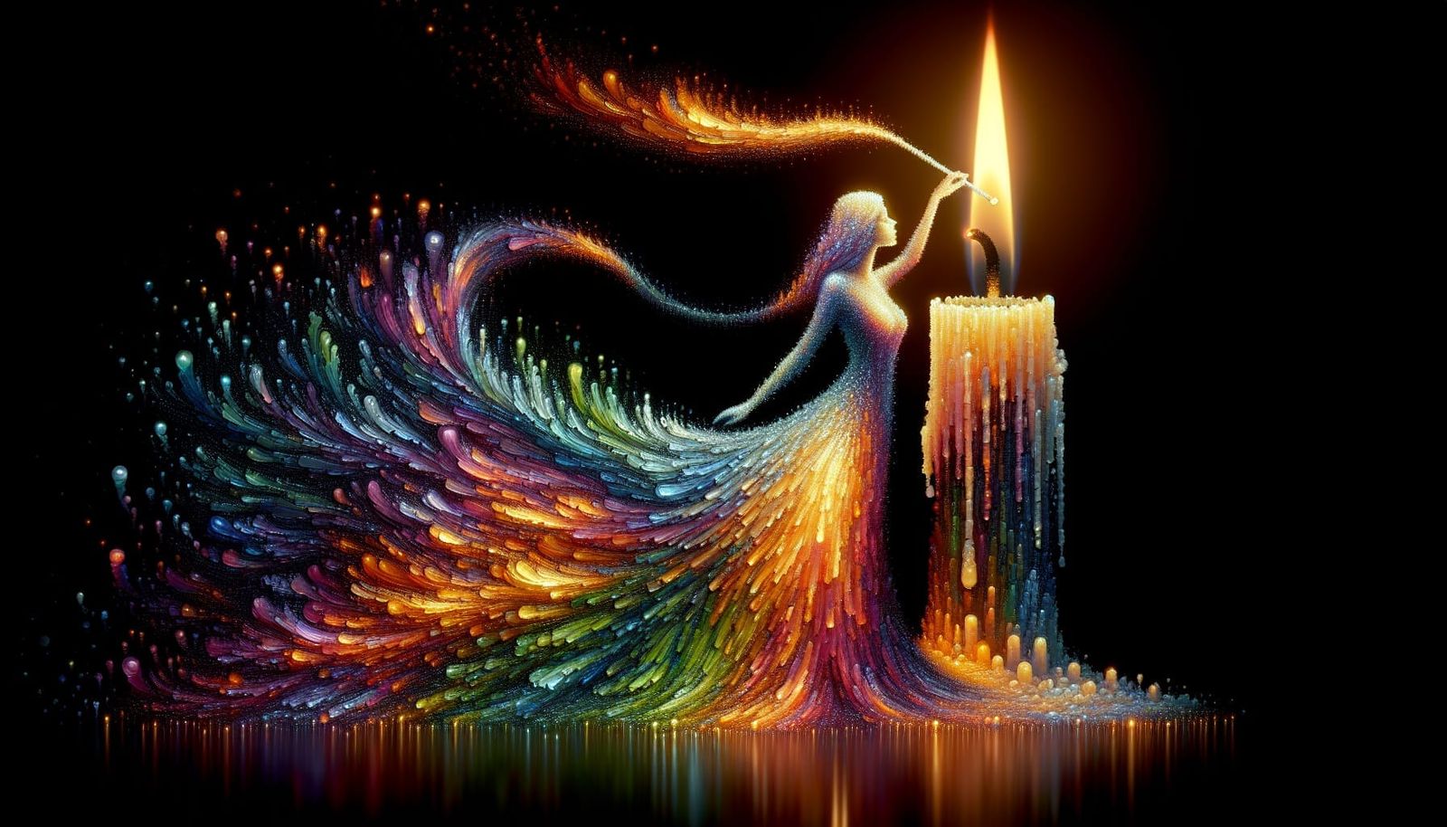 Candle Woman Illuminates Dark Background in Impasto Style