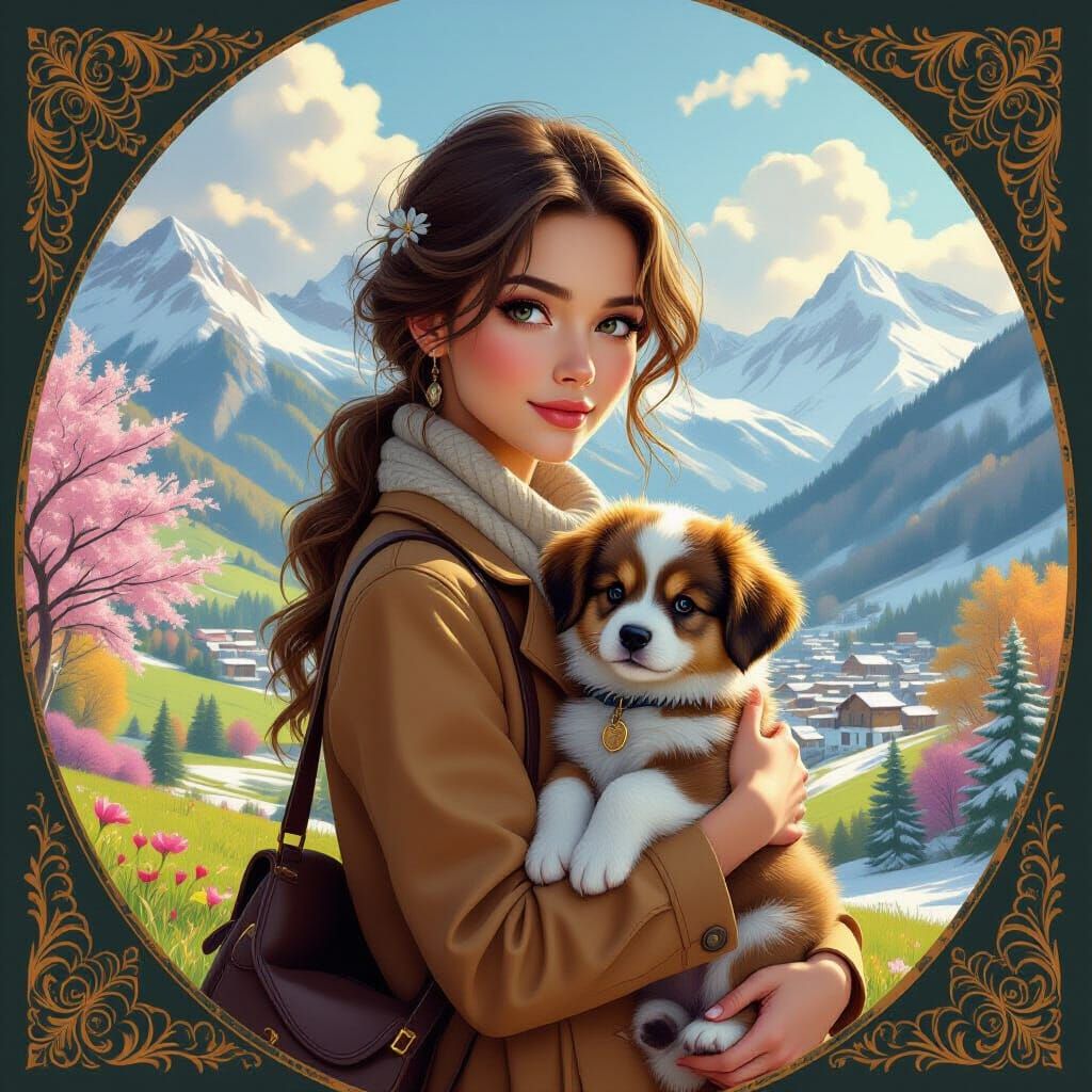 Woman with Puppy in Seasonal Valley Cityscape