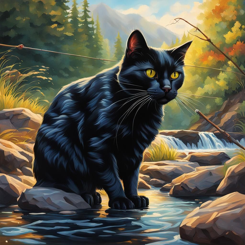 Black Cat Fishing: Hyperrealistic Splash Art