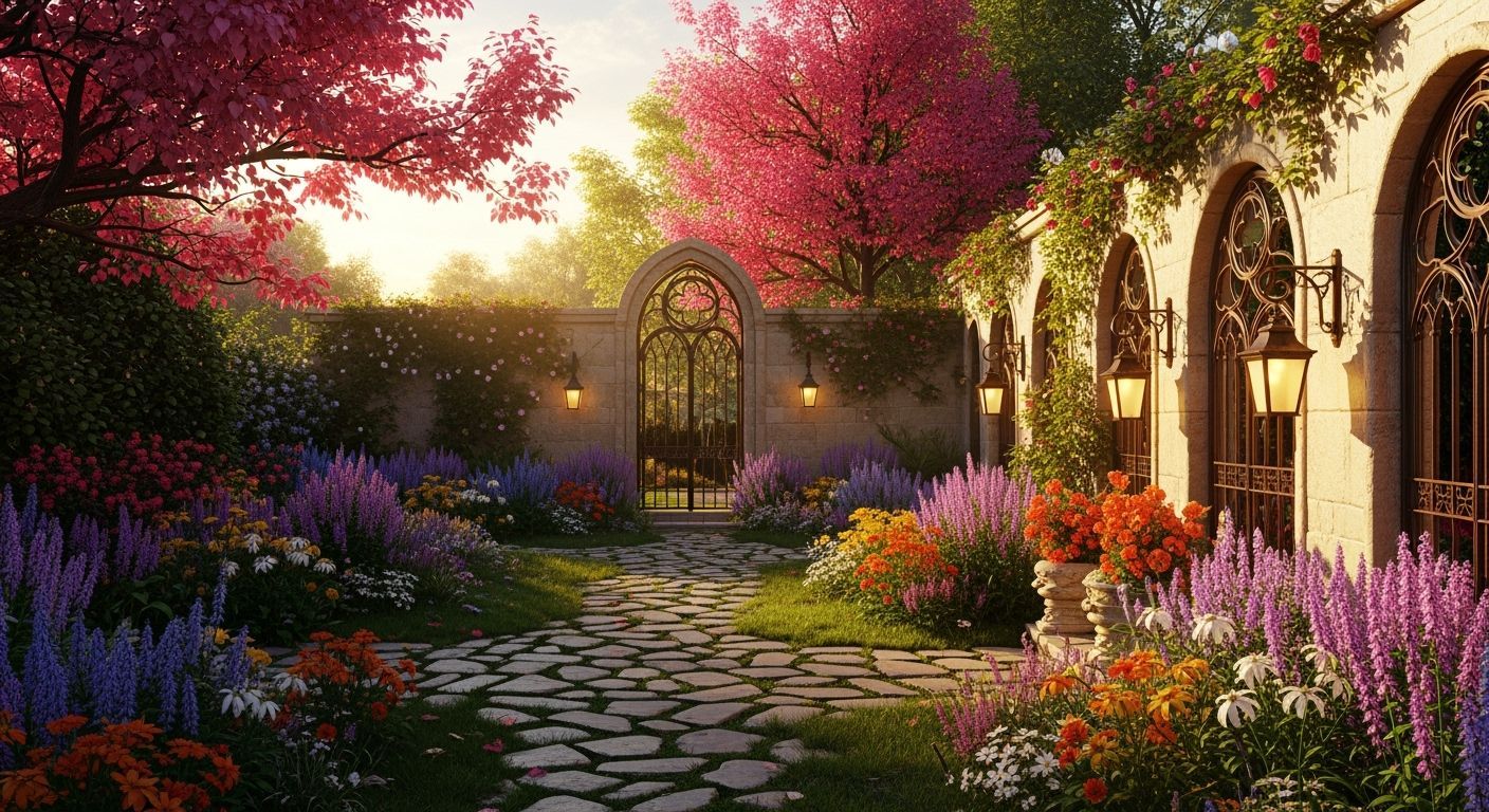 Exquisite Sunrise Garden with Gothic Archways and Wildflower...