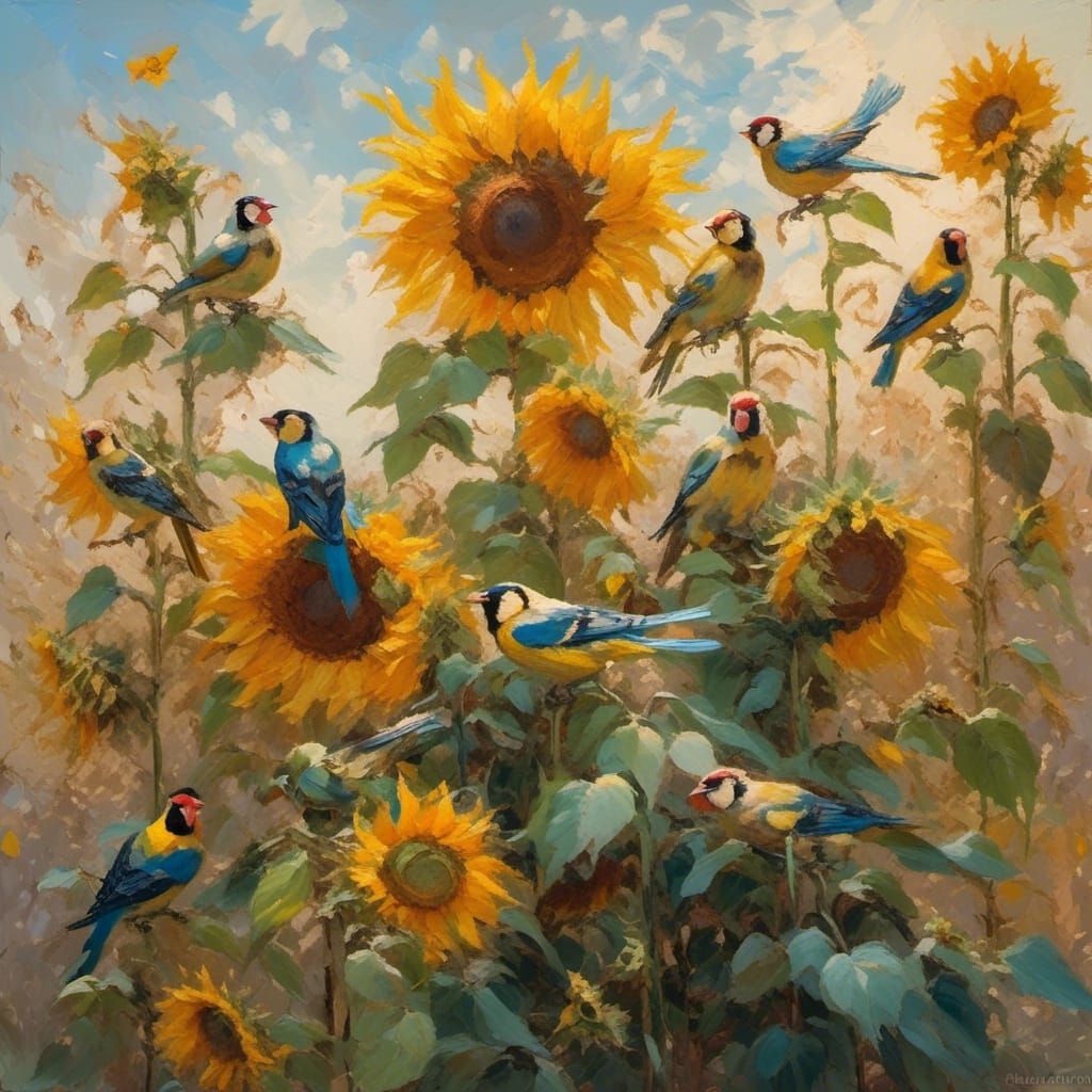 Sunflowers and Goldfinches in Impressionist Style