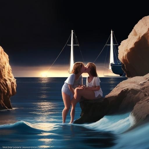 Two best friends sharing, a salty sea kiss.