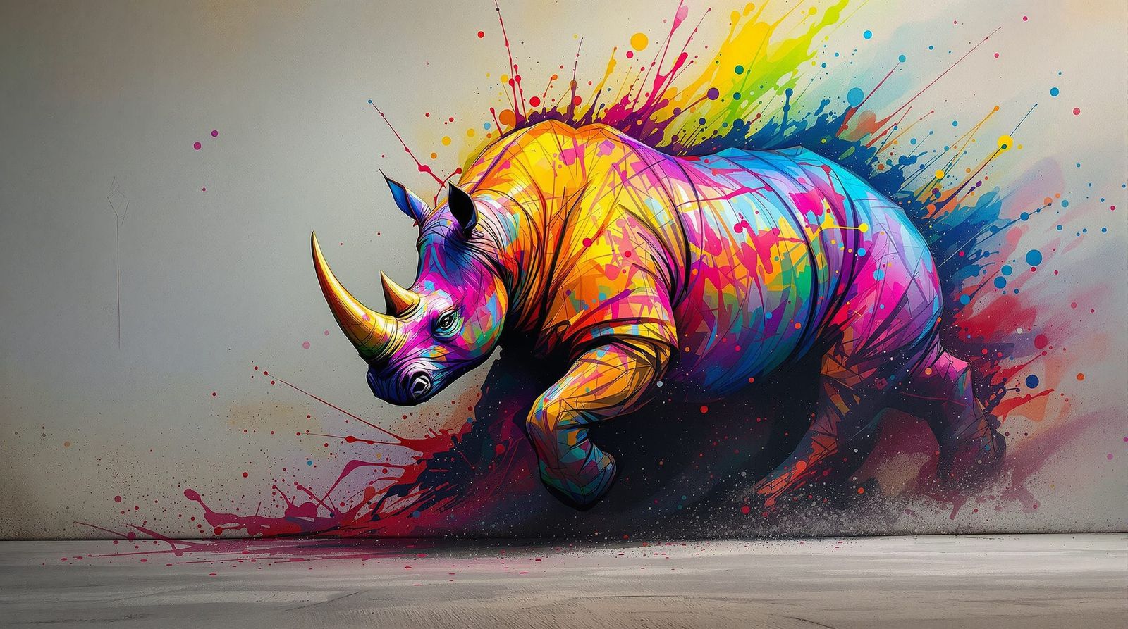 Rainbow Rhino Splatter Art Breaking Through Wall