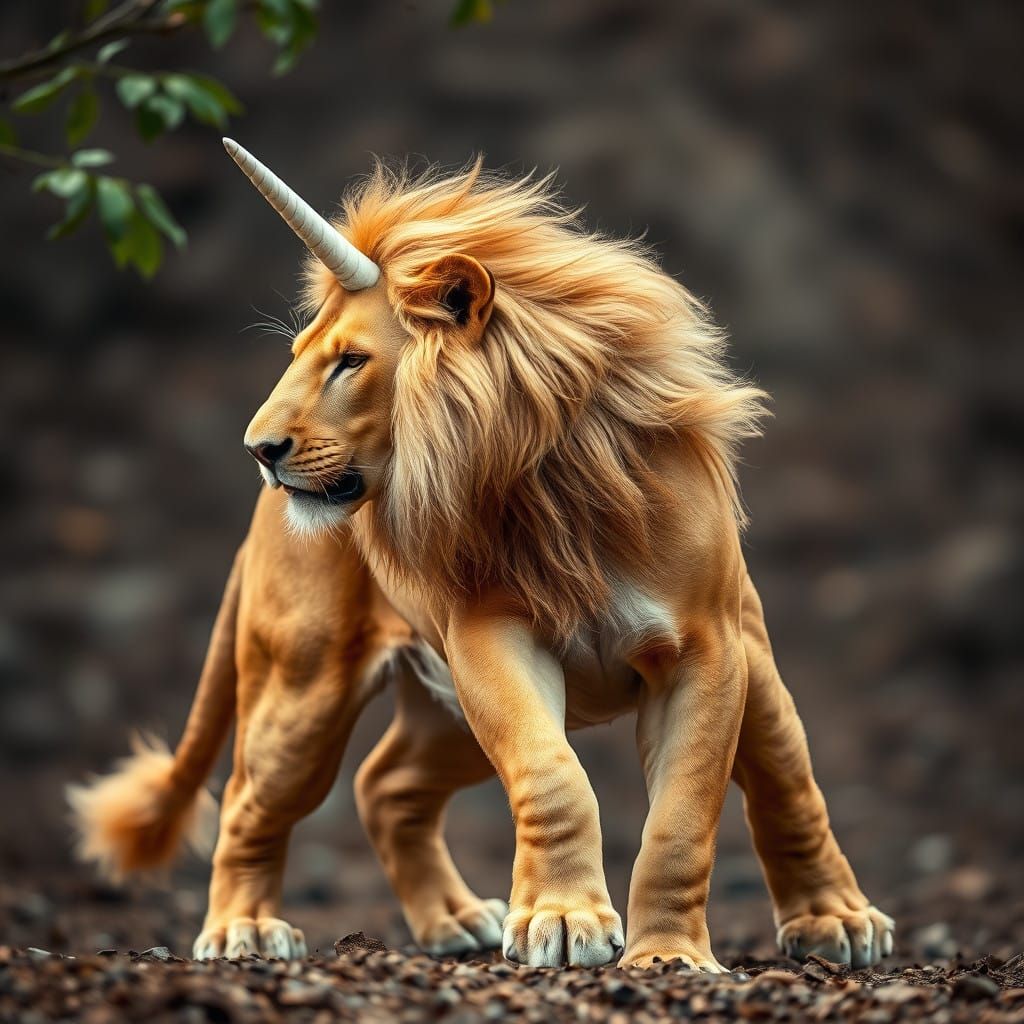 Regal Lion-Unicorn Hybrid Pounces in Golden Elegance